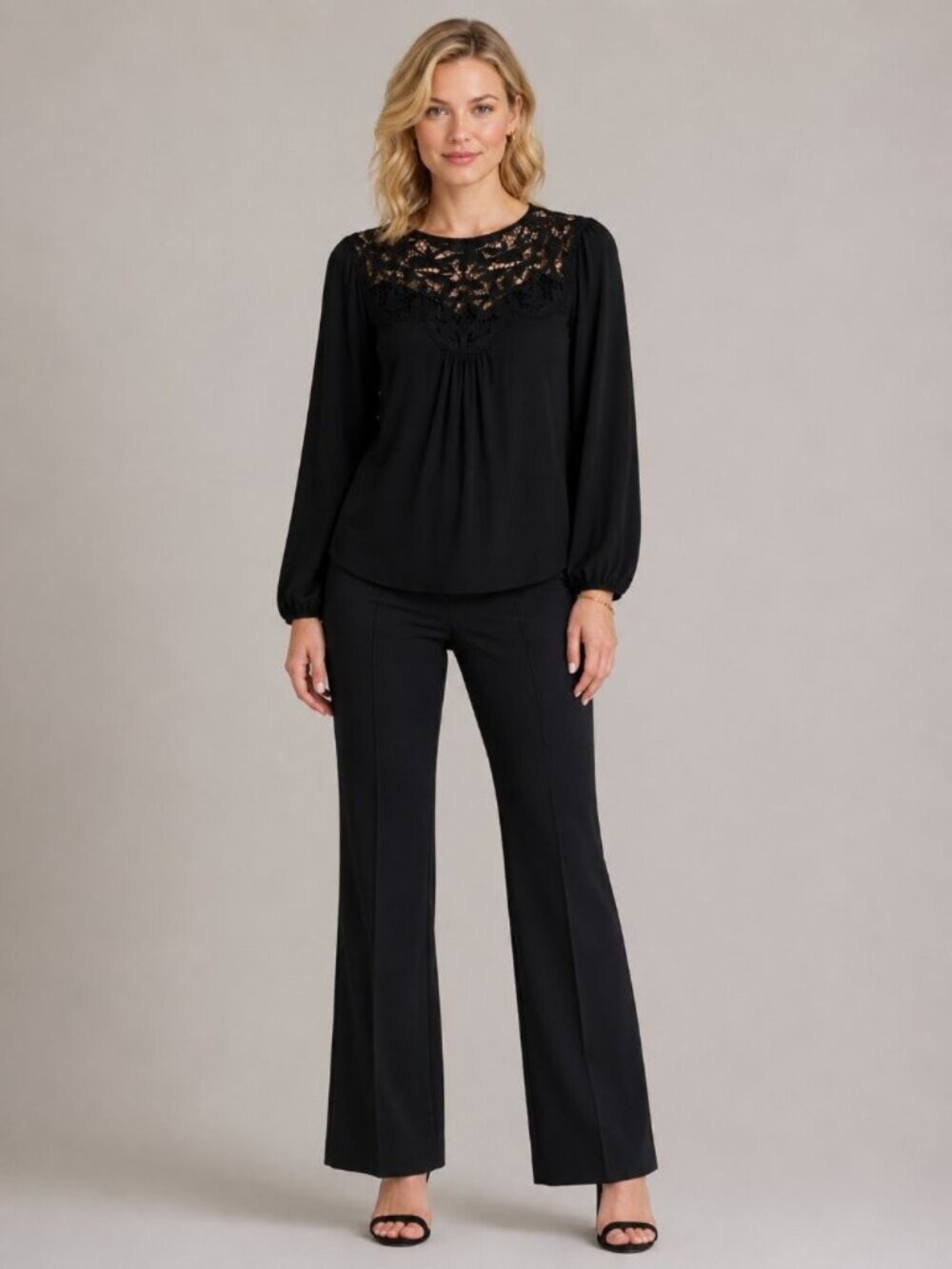 NWT White House Black Market Long Sleeve Lace Insert Top Black XS